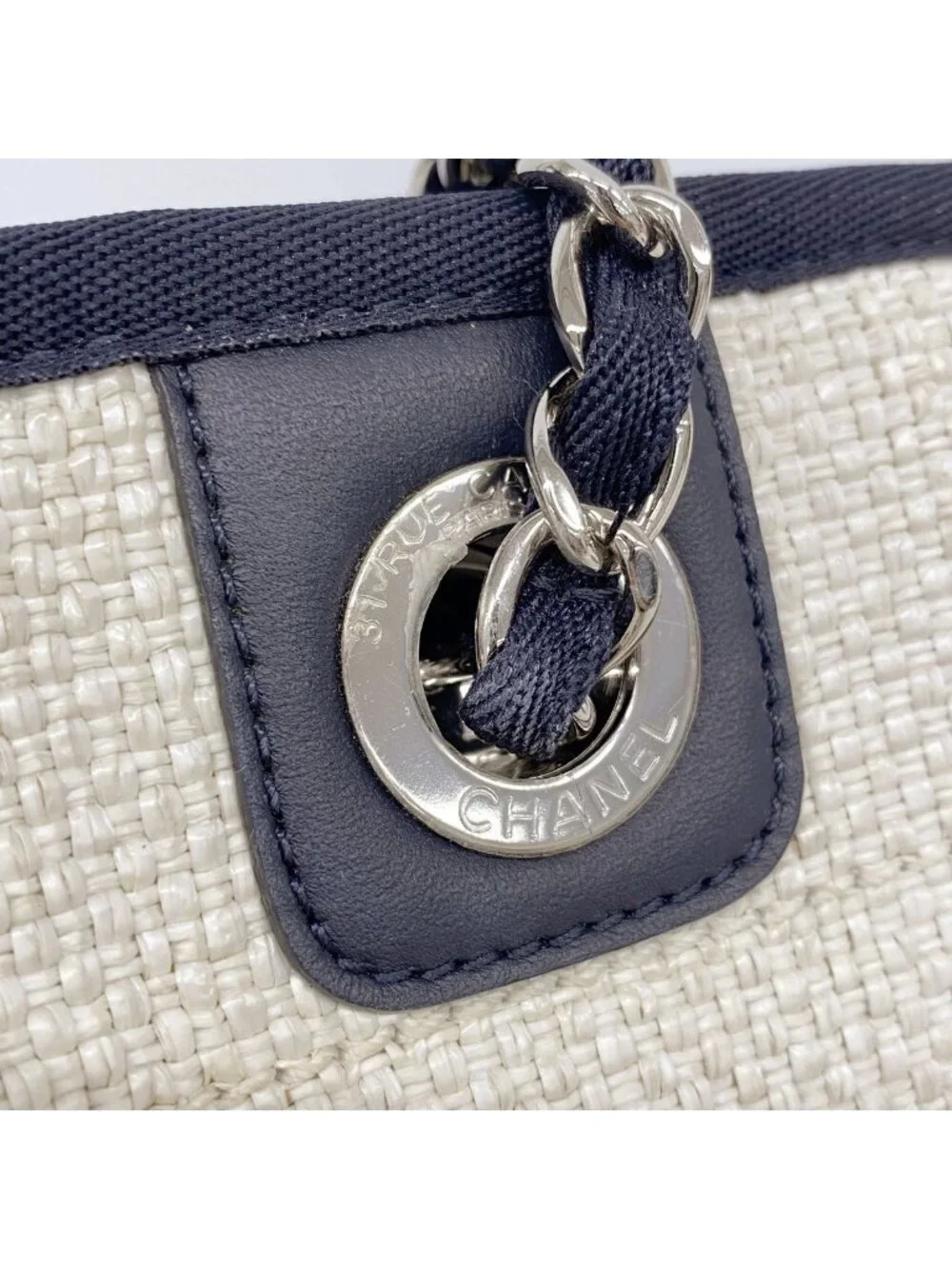 Chanel Chain Tote Bag Deauville Raffia Ivory Navy Silver